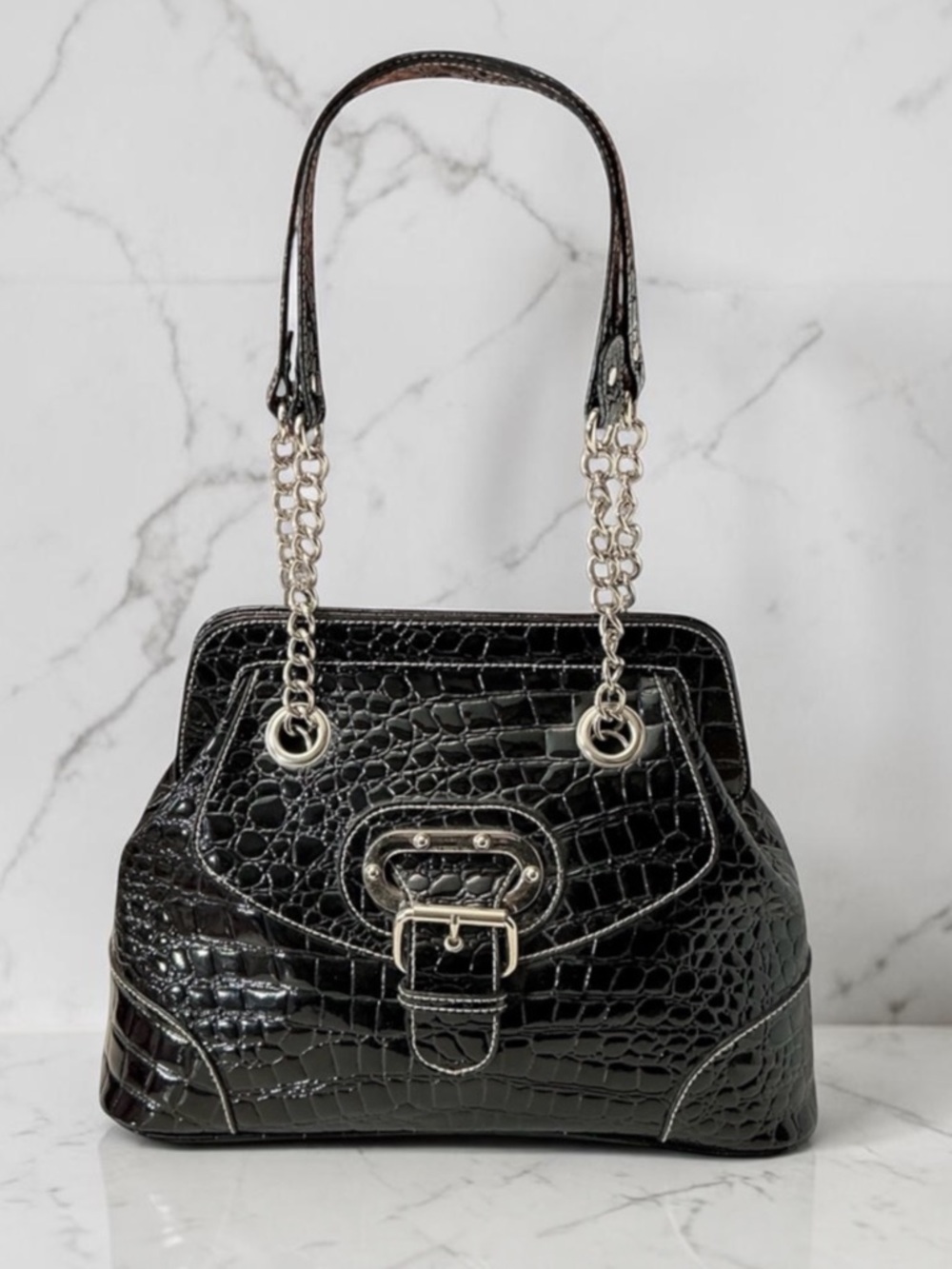 Vintage Y2K Apt. 9 Black Crocodile-Embossed Shoulder Bag